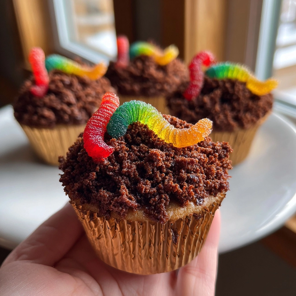 Dirt Cupcakes with Gummy Worms